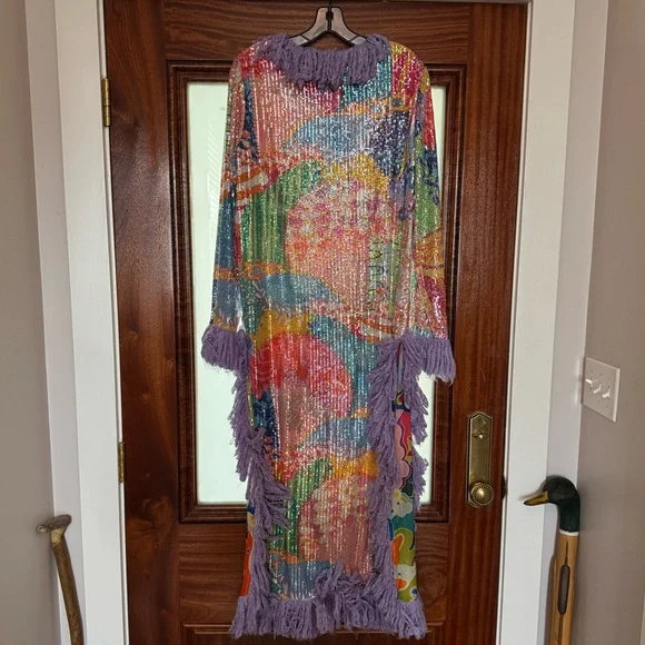 CeliaB Sequin Caftan + Purple Fringe, Size L - Picture 2 of 6